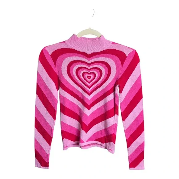 Lazy Oaf Heart Sweater Women's XS Pink Red Striped Y2K Style‎ Knit Cotton - Picture 2 of 6